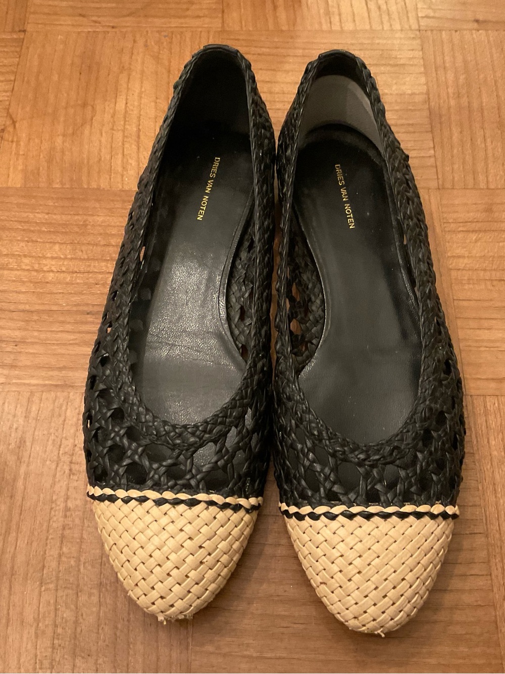 Dries Van Noten Black Woven Flats with Natural Toe Detail